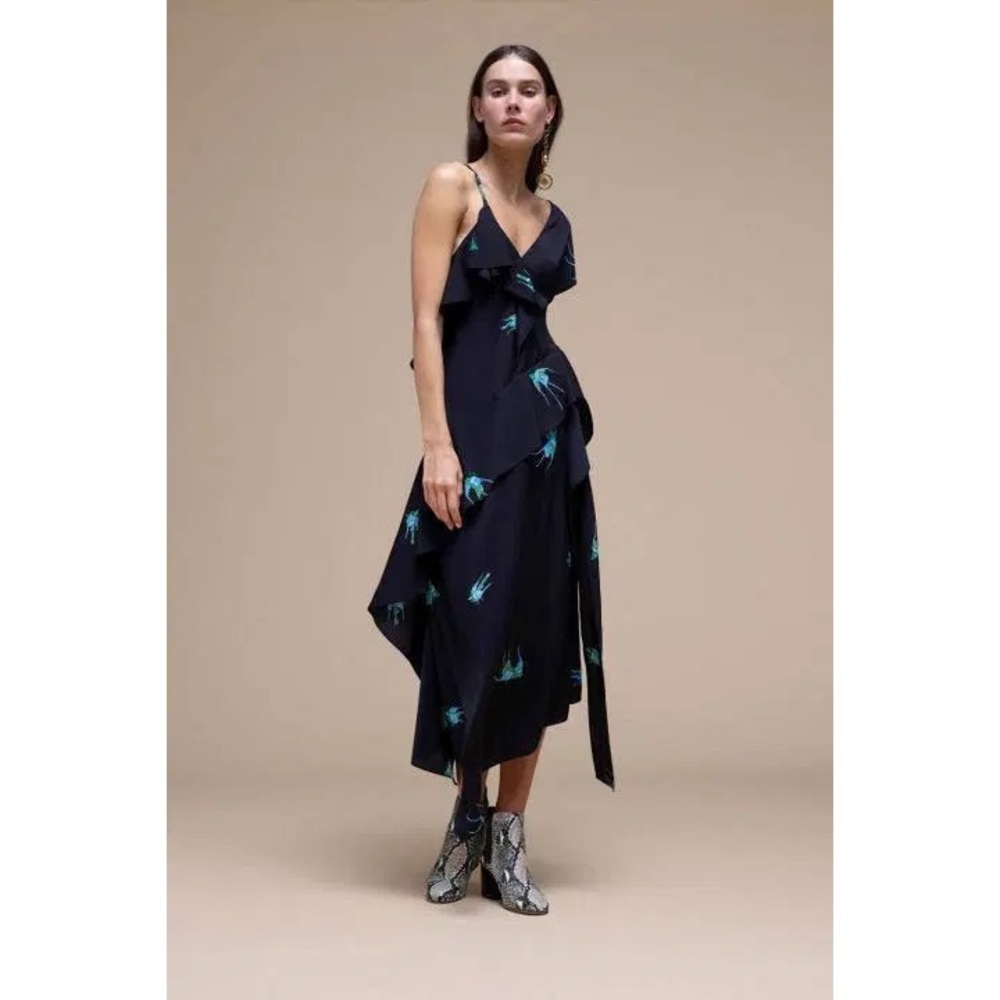 DVF Asymmetrical Ruffle Dress (Size 0) Bird Print